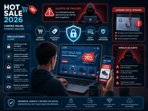 Infografía del Hot Sale 2026 con precauciones para comprar seguro y señales de alerta de phishing y ofertas falsas