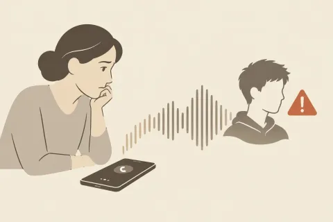 Mujer pensativa frente a un celular que recibe una llamada con la voz de un joven y una señal de advertencia