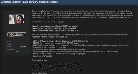 Publicación en un foro de la dark web que ofrece bases de datos de ARCA, ANSES, DNRPA y telefonía de ciudadanos argentinos