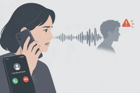 Mujer preocupada atiende una llamada mientras una onda de audio la conecta con la silueta de un joven y un aviso de alerta